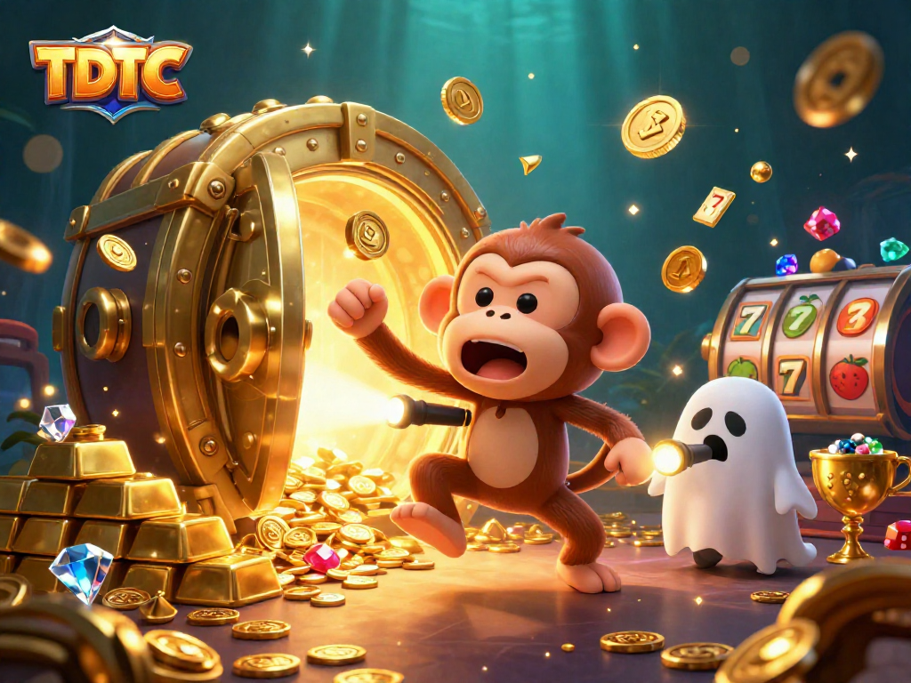 Engage with TDTC's thrilling scene of a poltergeist monkey juggling treasures in a haunted casino.