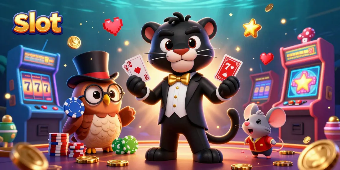 Engage with thrilling slot games surrounded by a stylish panther dealer and vibrant arcade elements.