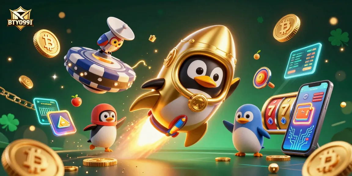 Experience the excitement with BTY0991's golden penguin rocket casino illustration, featuring thrilling game elements.