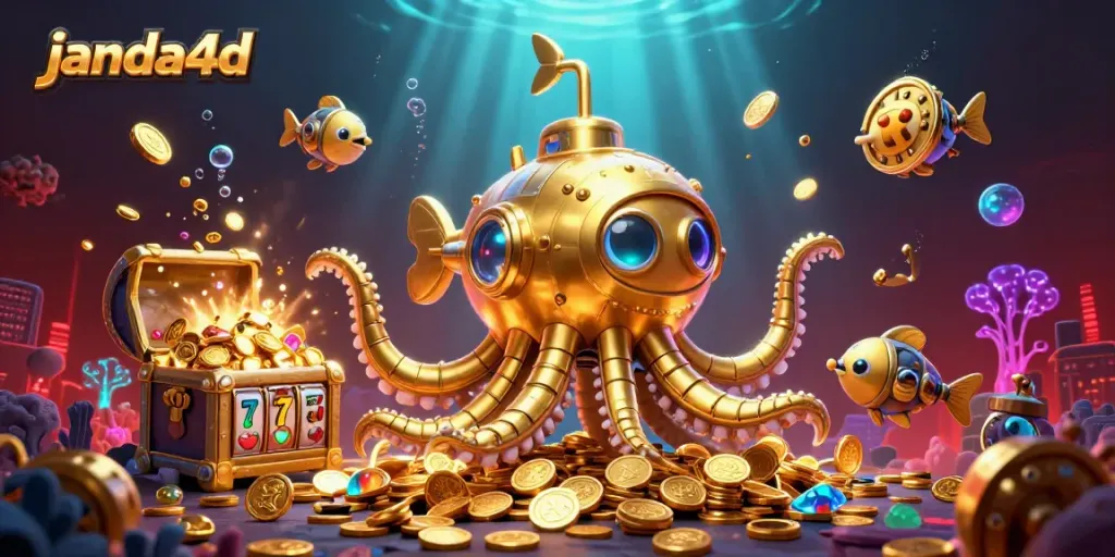 Gambaran 3D janda4d yang menampilkan kraken emas dan simbol slot yang menghiasi laut koin emas.