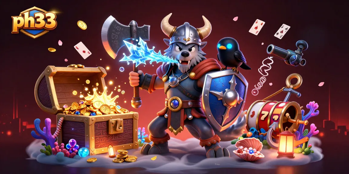 Experience ph33 slot machines with a Viking wolf warrior and dragon in a dynamic casino illustration.