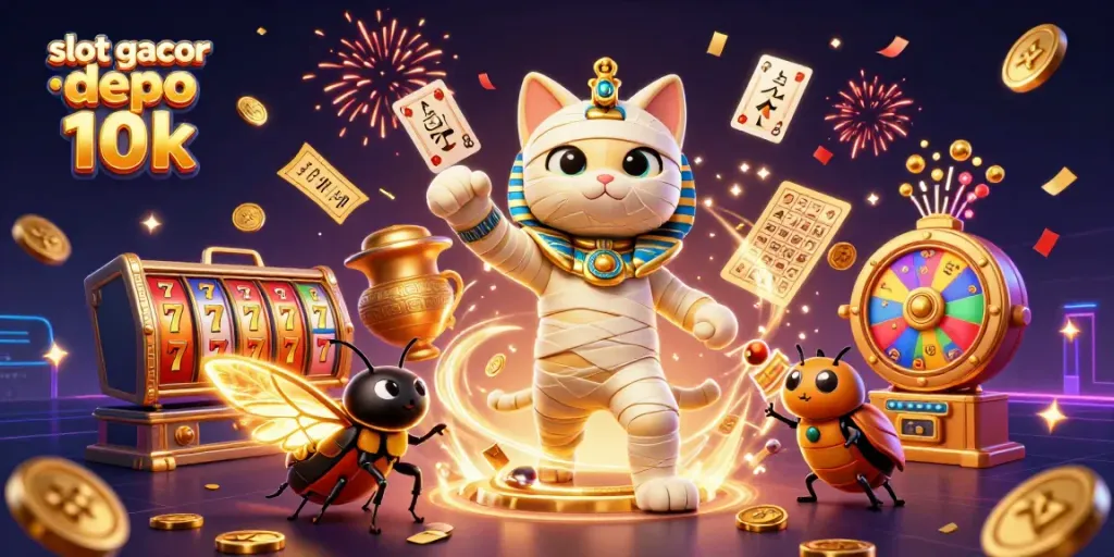 Slot gacor depo 10k, aksi menarik di kasino dengan slot reels, kucing mummy, dan scarab bersinar.