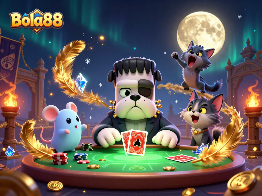 Bola88 menampilkan bulldog Frankenstein yang sedang membagikan kartu di kasino dengan suasana menyeramkan.