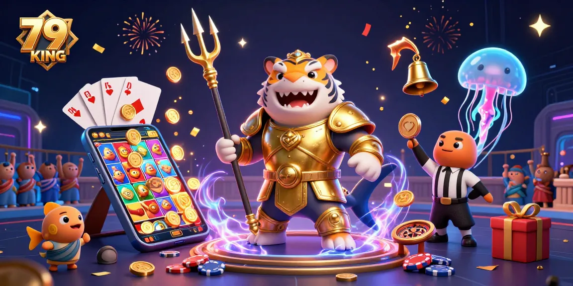 Join the adventure at 79KING as a tiger shark in gladiator armor battles amidst golden coins and gaming excitement.