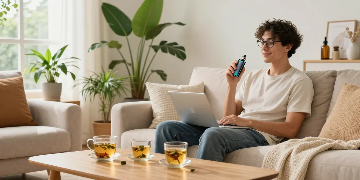 What is the legal vaping age in Cyprus, highlighting premium CBD oil in a wellness setting with a vape device and organic herbs.