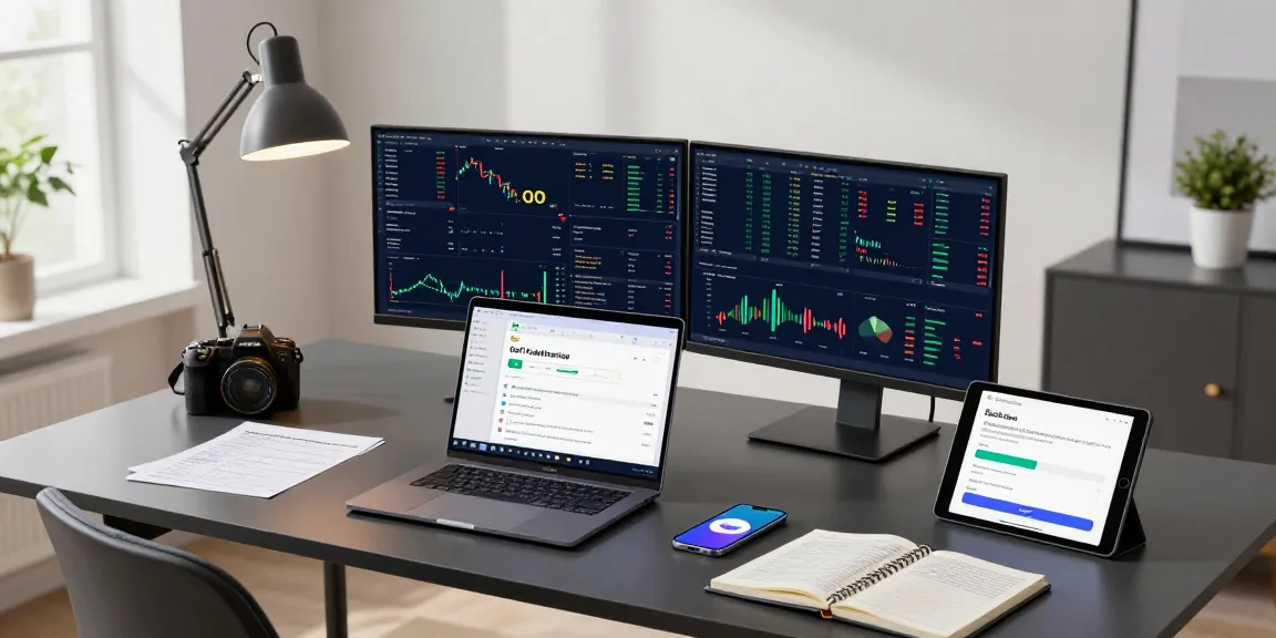 Play exchange in a modern trading workspace with cryptocurrency analytics and digital wallet interfaces.
