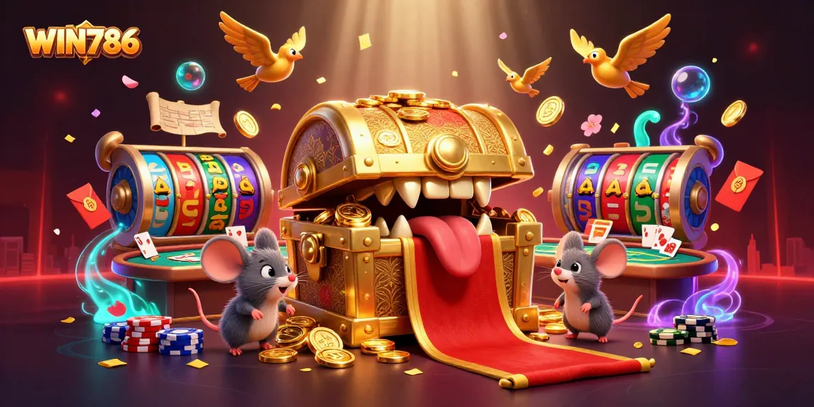 Join the excitement of WIN786 as adventurer mice are lured by a golden treasure chest in a vibrant casino scene.