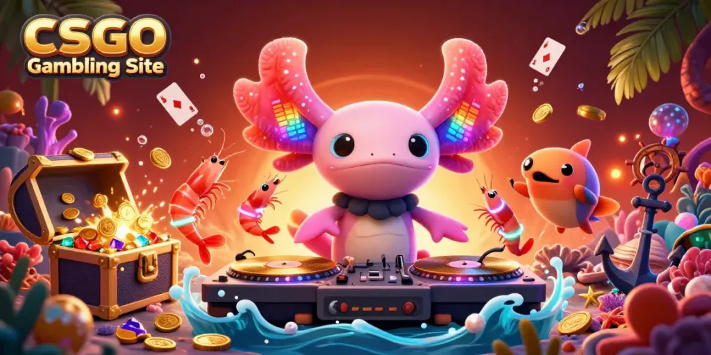 Vibrant 3D cartoon scene showcasing a CSGO Gambling Site with neon axolotl DJ, dancing shrimp, and underwater treasures.