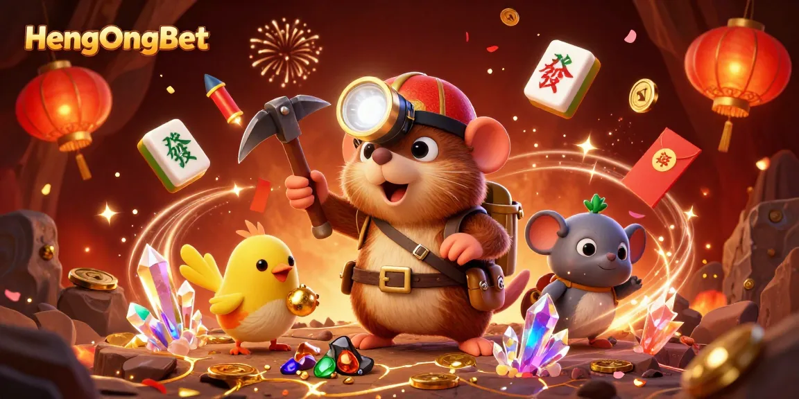 HengOngBet presents a vibrant casino world with a treasure hunter mining gems and symbols of fortune.