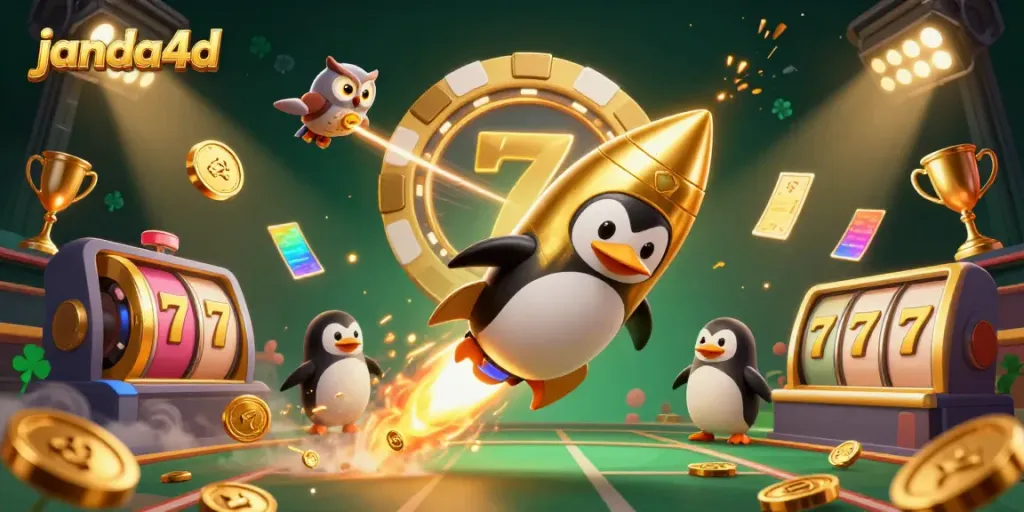 Visualisasi janda4d dengan penguin emas mengarah ke kasino, dikelilingi simbol slot, koin emas, dan trofi.
