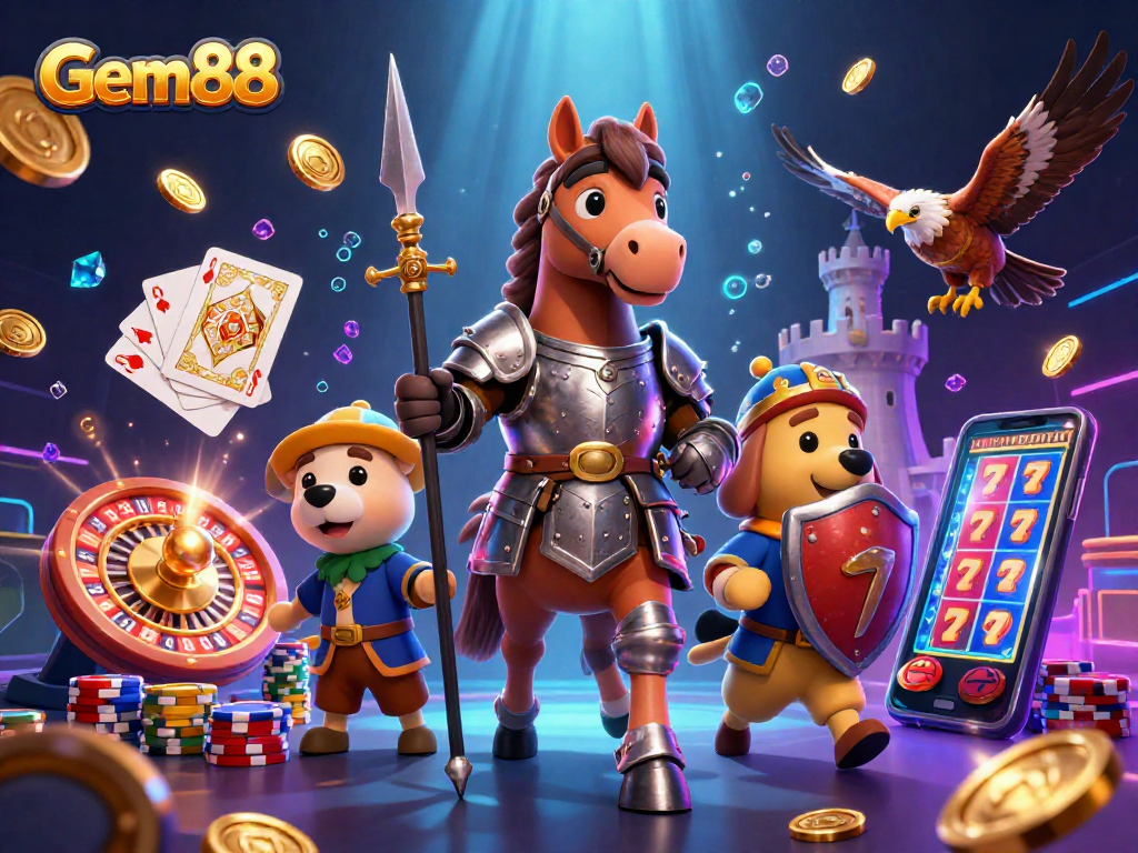 Engage in thrilling gameplay at Gem88 with a knight, squire, and falcon amidst classic casino elements.