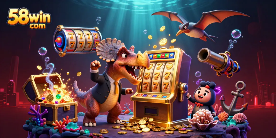 Win big with 58win com as a pachycephalosaurus hits a slot machine for a jackpot!