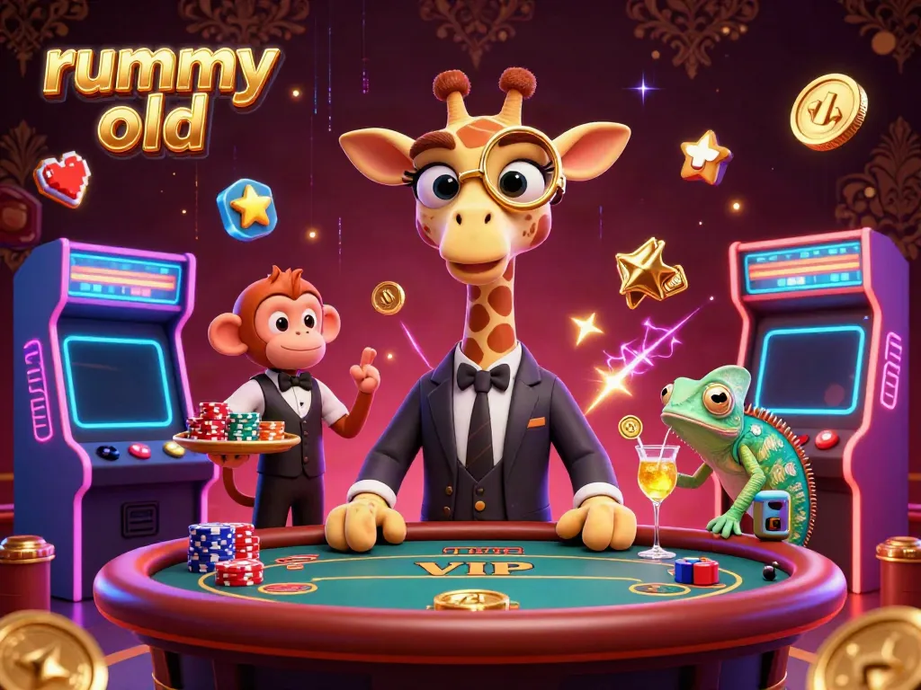 Engage in thrilling online rummy old gameplay with colorful characters in a vibrant casino scene.