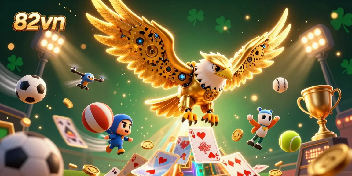 Engage with 82vn's dynamic betting experience through an action-packed illustration of a cybernetic eagle and sports elements.