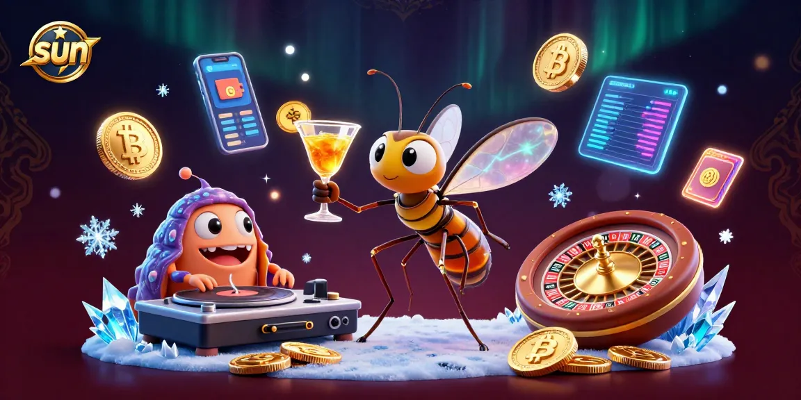 Experience thrilling gaming at Sun with a lively casino scene featuring unique characters and elements.