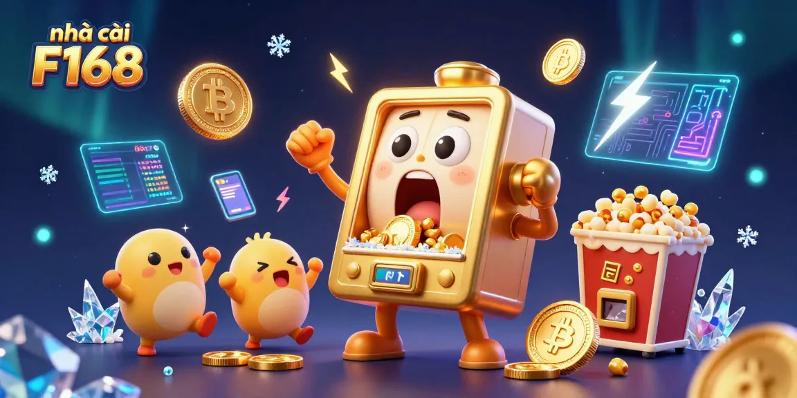 Engage with festive jackpots at nhà cái F168 featuring playful slot machines pouring coins in a colorful casino atmosphere.