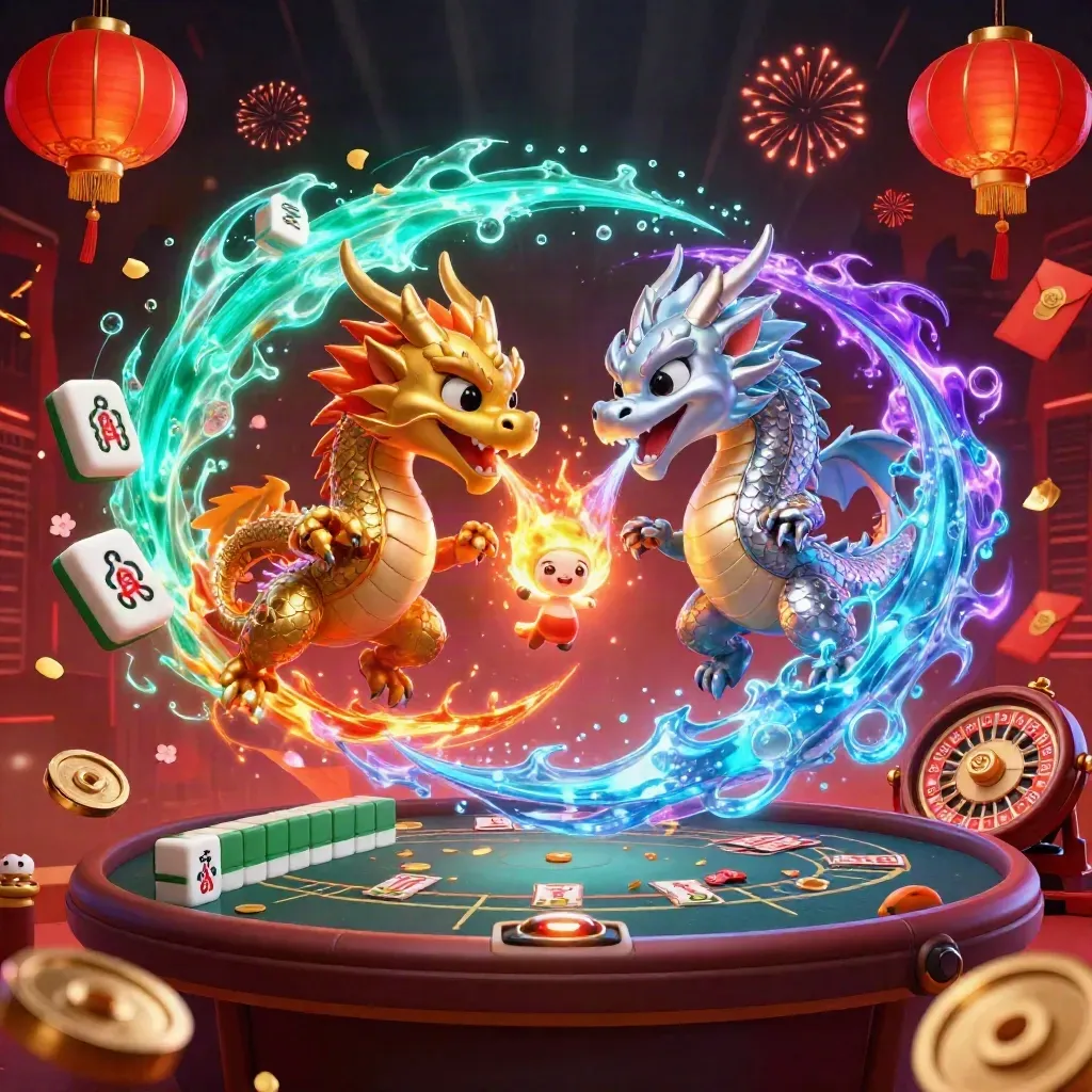 Gold and silver dragons spiral in casino light amid lanterns, coins, and glowing table props.