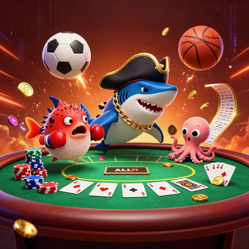 Pirate shark, pufferfish, and octopus amid casino chips, sports balls, and neon energy.