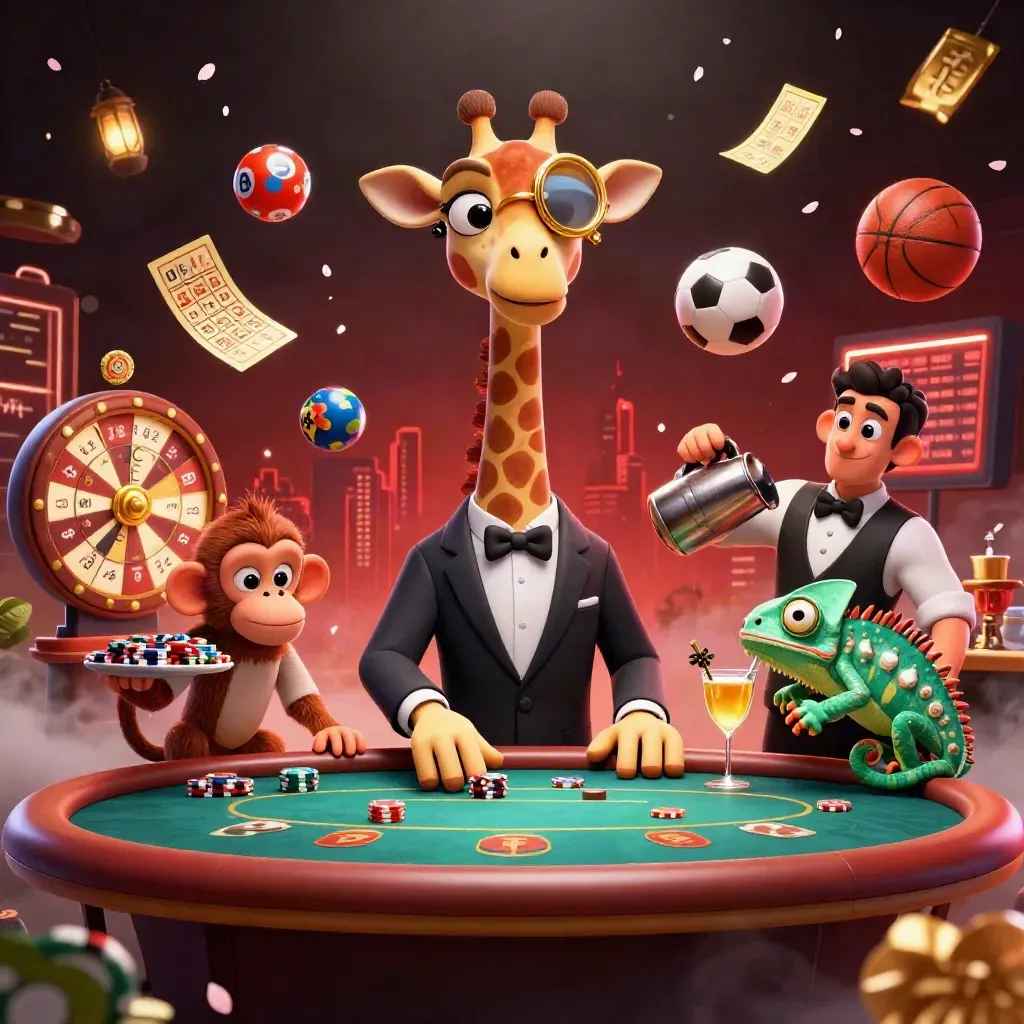 Giraffe, monkey, and chameleon at a VIP poker table amid casino props and neon lights.