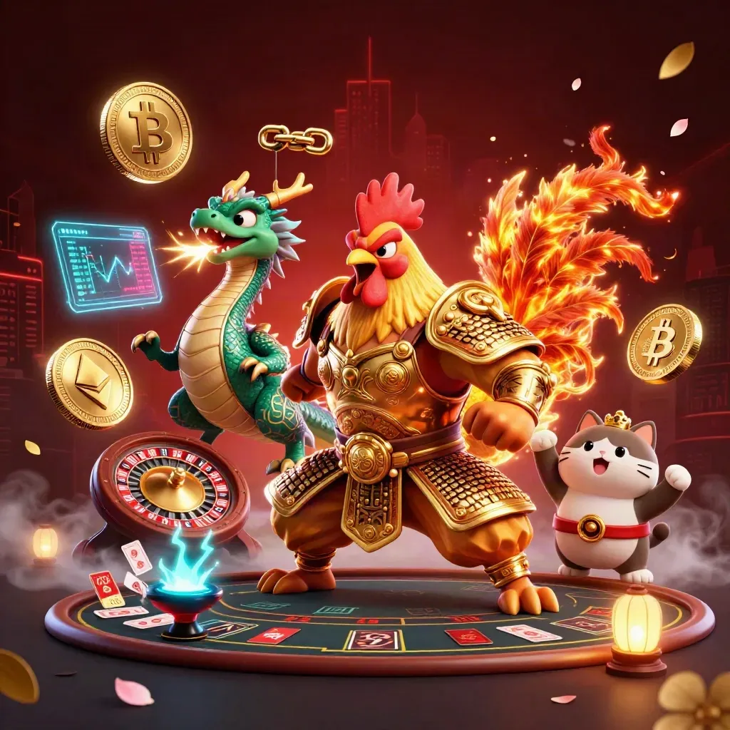 Rooster warrior, dragon hatchling, and fortune-cat in neon casino chaos with gold, navy, and emerald glow.