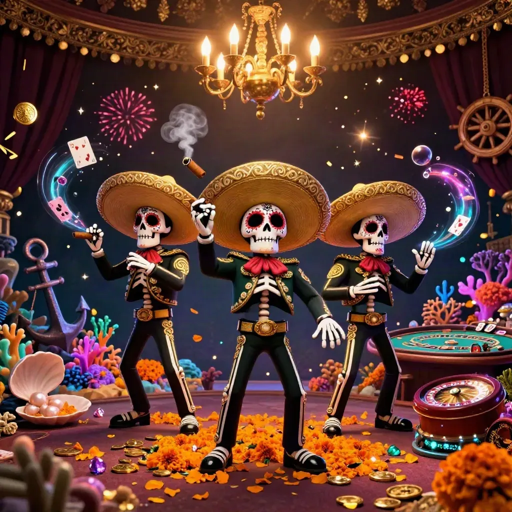 Day-of-the-Dead mariachi skeleton trio in a luxe casino-treasure cove with gold, cards, and fireworks