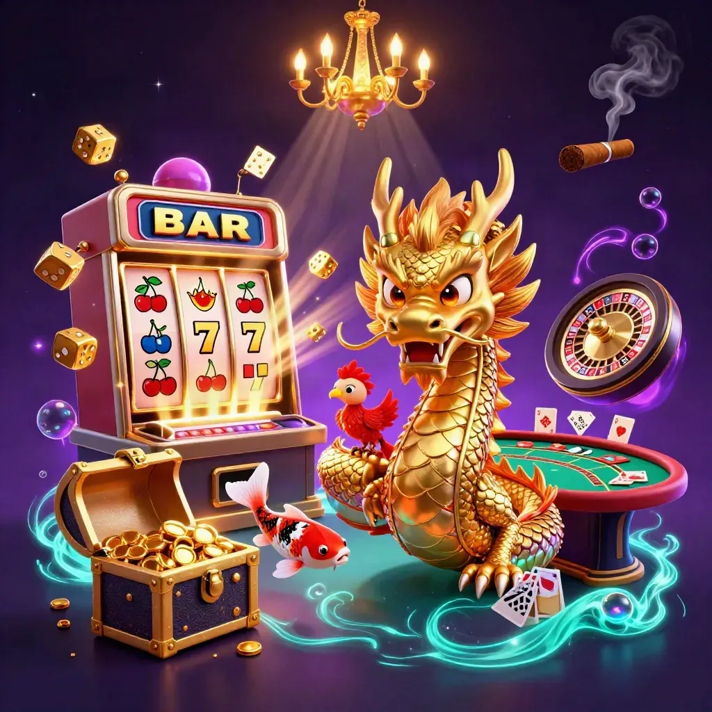 Golden dragon with phoenix and koi amid slot machine bursts, roulette wheel, cards, and casino glow