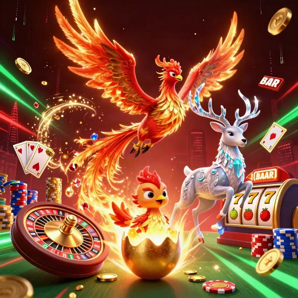 Phoenix, hatchling, and crystal stag amid coins, cards, chips, roulette wheel, and emerald glow