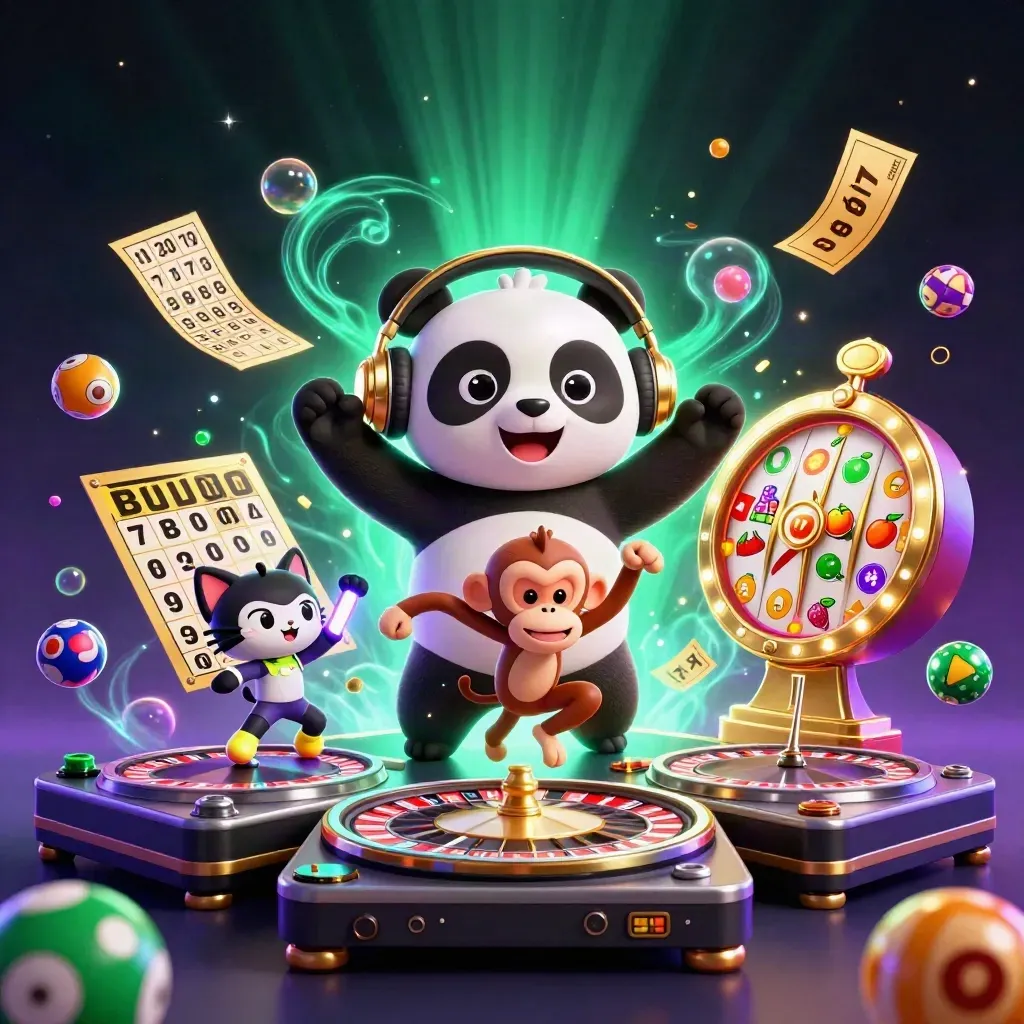 DJ panda, monkey, and kitten blast casino icons in emerald neon key art