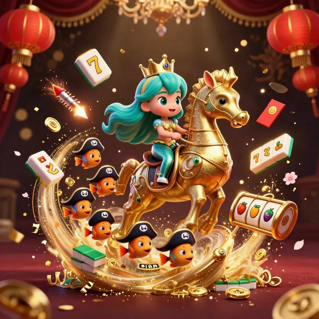 Mermaid princess on armored seahorse amid pirate fish, lanterns, jade coins, and casino treasure bursts.
