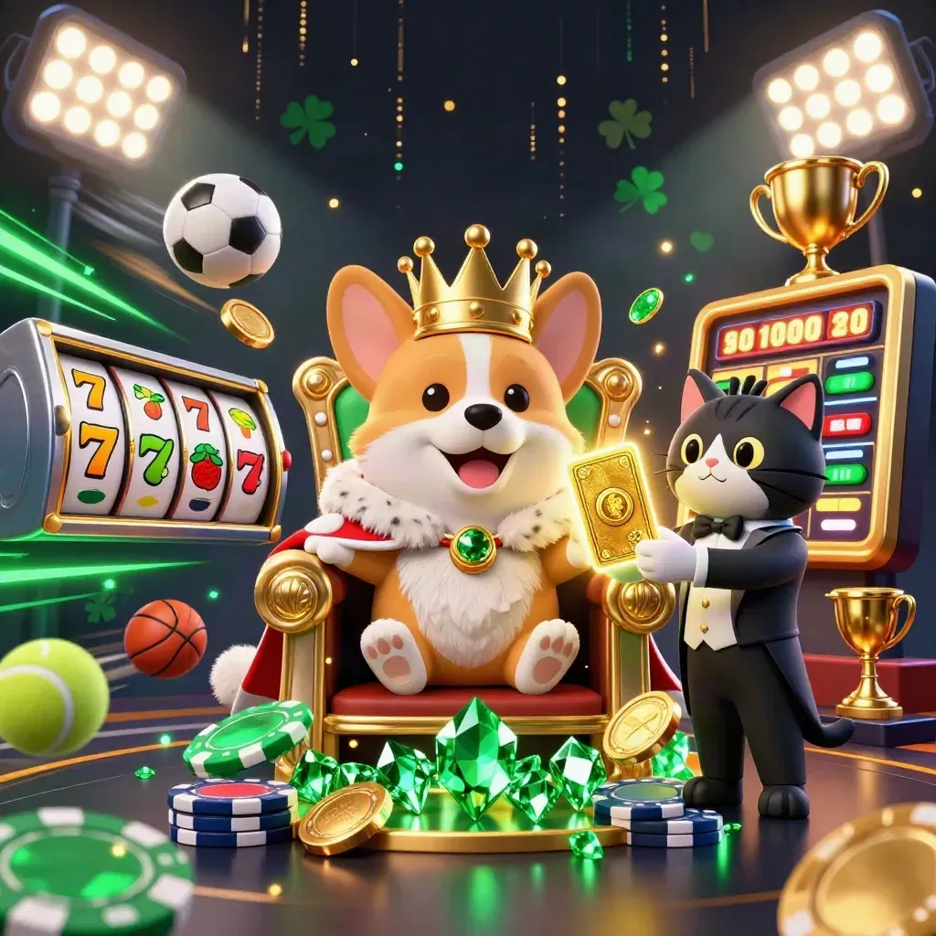 Crowned corgi king and cat butler amid flying sports balls, coins, and neon casino magic.