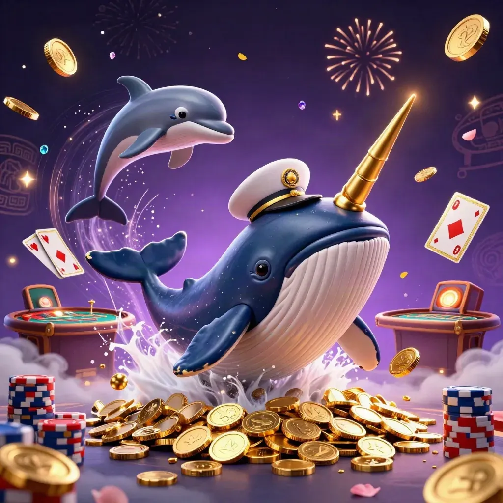 Whale captain, narwhal, and dolphins amid coins, cards, chips, and fireworks in luxe casino action.
