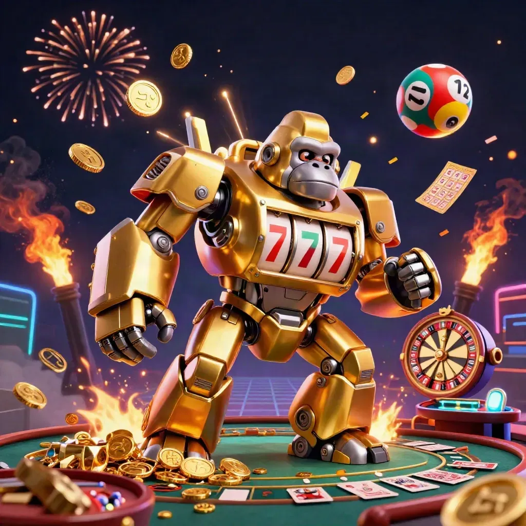 Golden gorilla mech bursts from a vault with coins, fireworks, and casino game props.