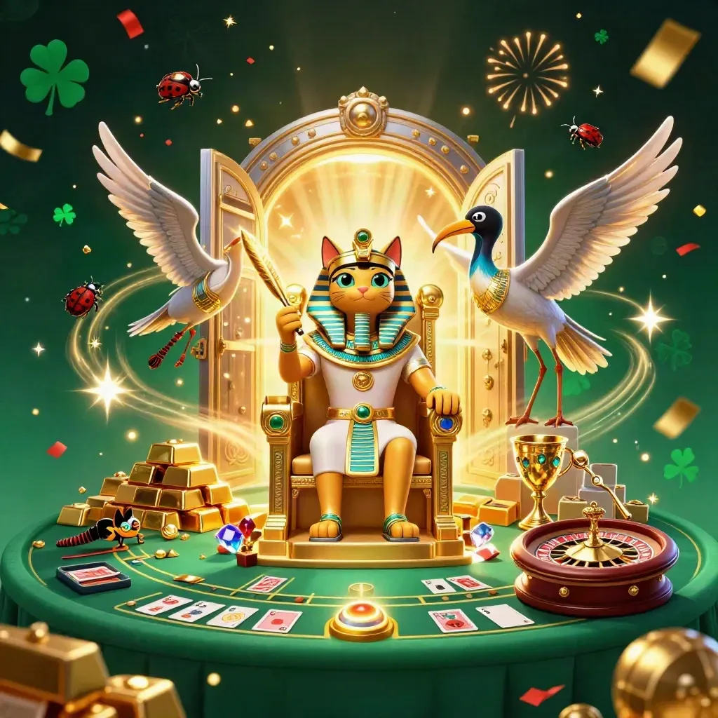 Pharaoh cat, ibis scribe, and gem-winged scarabs amid vault gold, cards, and fireworks.