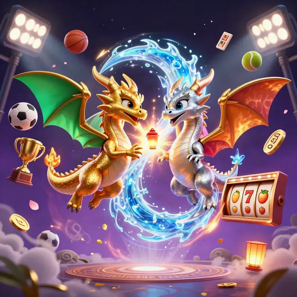 Gold and silver dragons spiral amid casino symbols, coins, and magical lights on a dark purple backdrop.