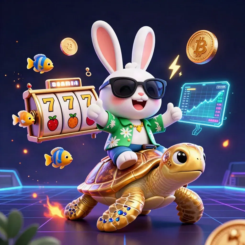 Lucky rabbit rides a gem turtle through neon crypto casino effects on a dark luxe backdrop.