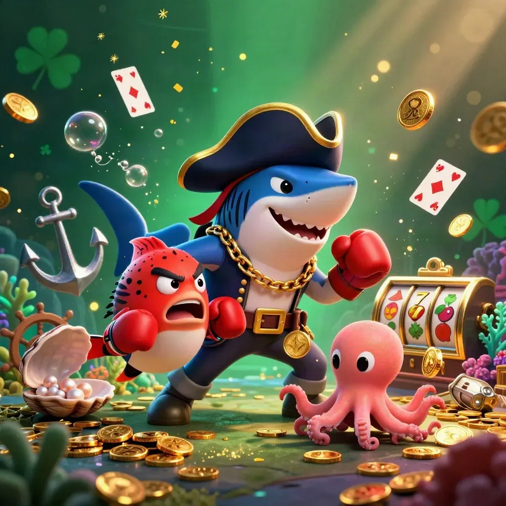 Pirate shark, boxing pufferfish, and juggling baby octopus amid glowing casino treasure.