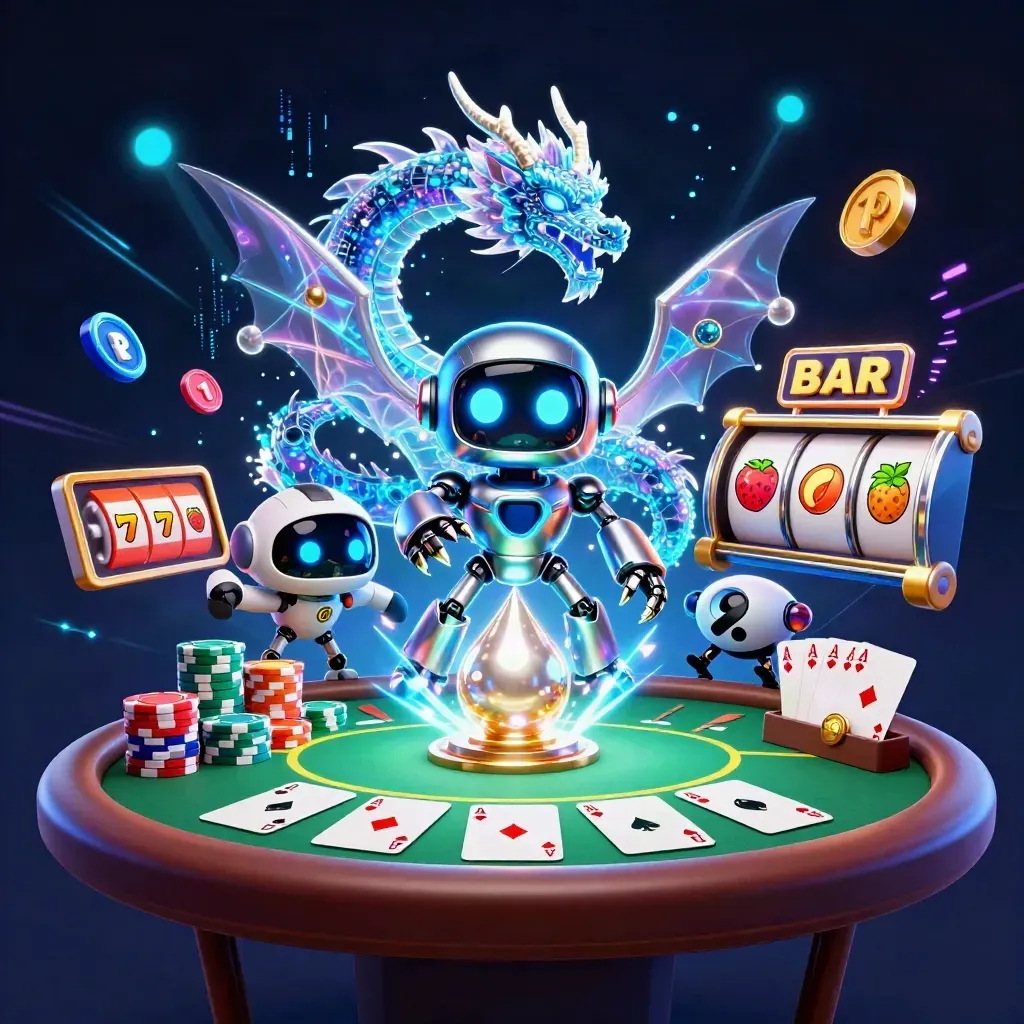 Chrome robot, holographic dragon, and coin drone amid cards, chips, reels, and electric blue glow.