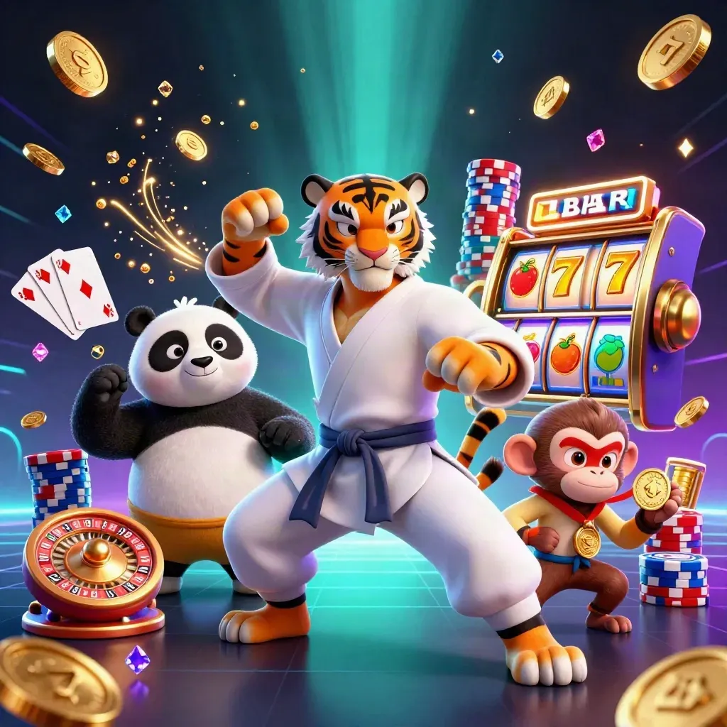 Kung-fu tiger, panda, and monkey amid casino coins, roulette wheel, cards, chips, and neon glow.