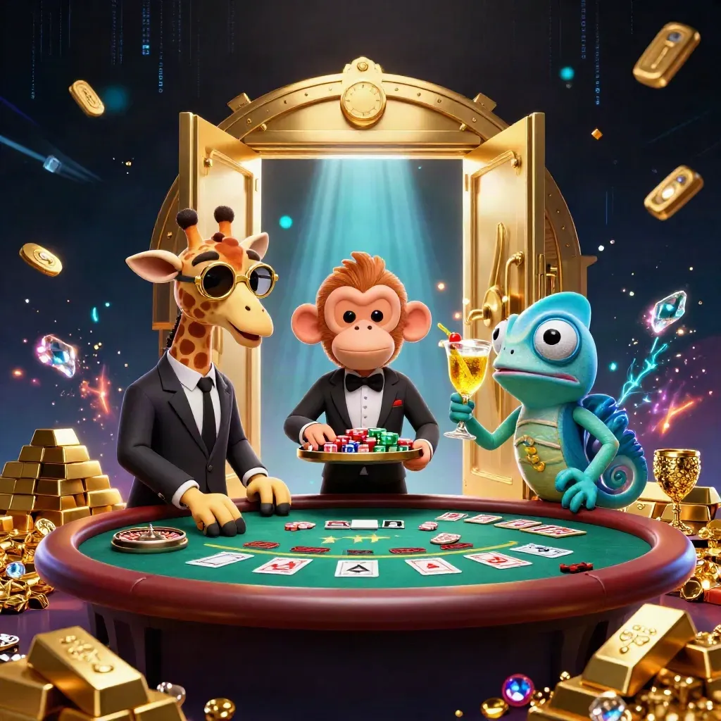 Giraffe, monkey, and chameleon casino mascots around a glowing vault, cards, chips, and gold.