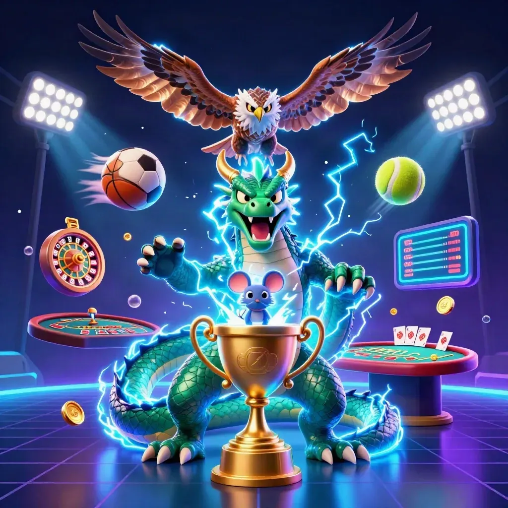Thunder dragon, wind hawk, and crackling mouse amid casino props, gold coins, and neon lightning