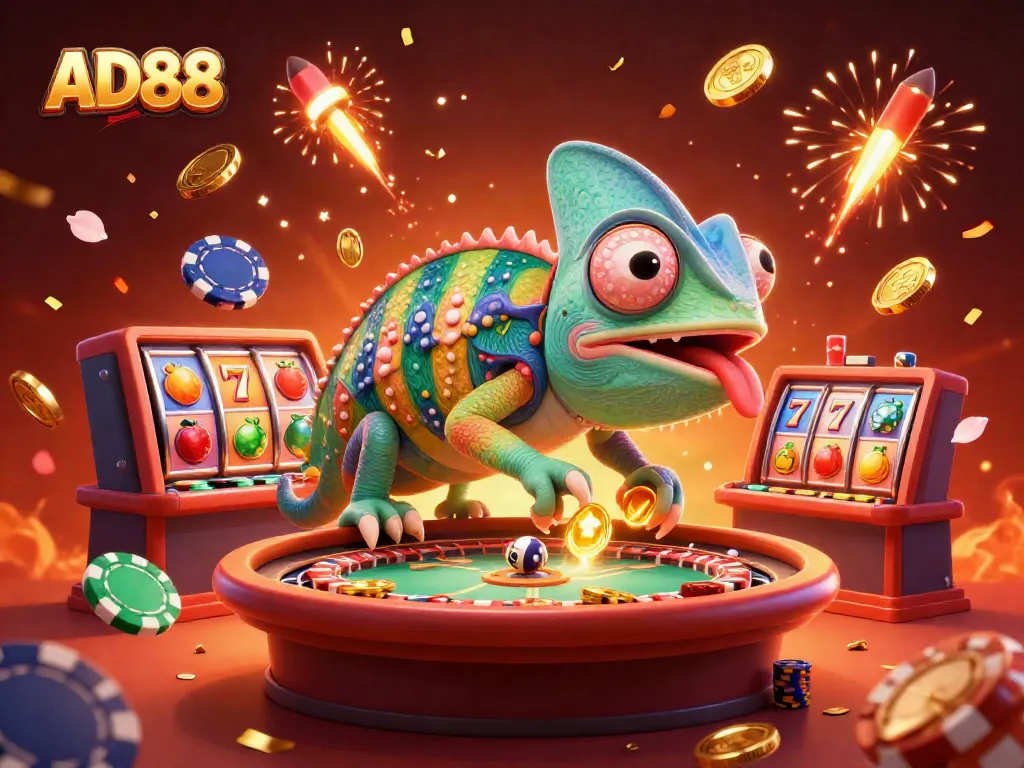 Win big with AD88 in a vibrant 3D slot casino scene complete with confetti and fireworks.