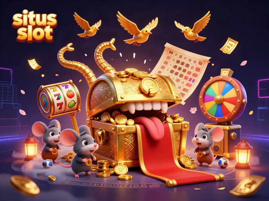 Engage with situs slot games featuring treasure chests, colorful slot reels, and animated casino elements.