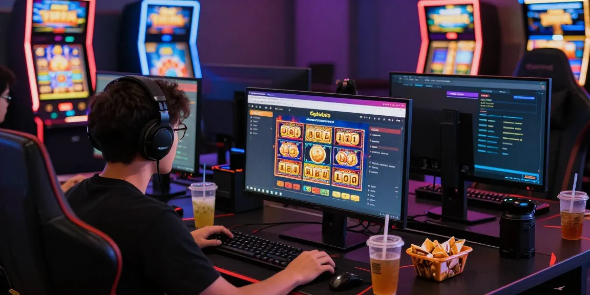 Pajaktoto daftar gaming interface with vibrant slot games and user engaged at computer desk.