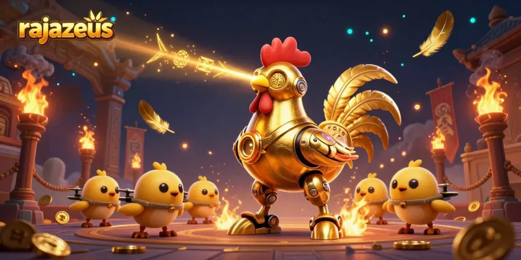 Slot permainan rajazeus menampilkan robot ayam berwarna emas dengan efek laser menarik, dikelilingi koin emas.