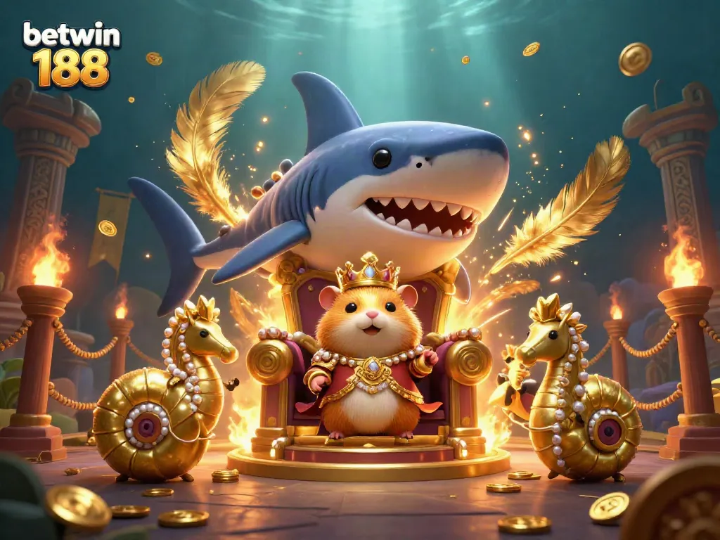Engage with betwin 188's vibrant casino scene featuring a golden hamster king and royal guards in action.