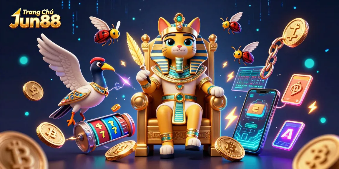 Experience thrilling action at Trang Chủ Jun88 with vibrant casino-themed 3D illustration featuring rich gold elements.