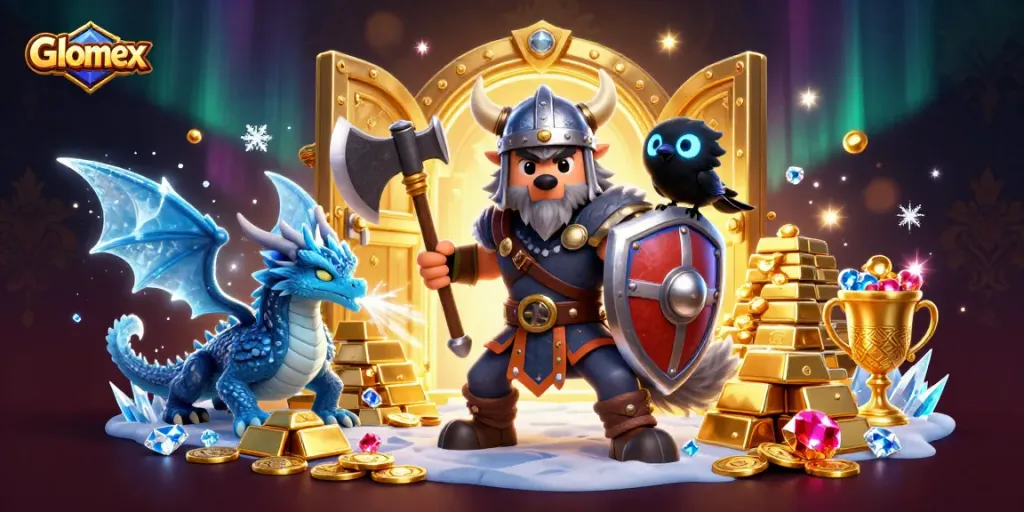 Glomex invites gamblers to uncover treasures with Viking warrior and fierce dragon in a vibrant casino scene.
