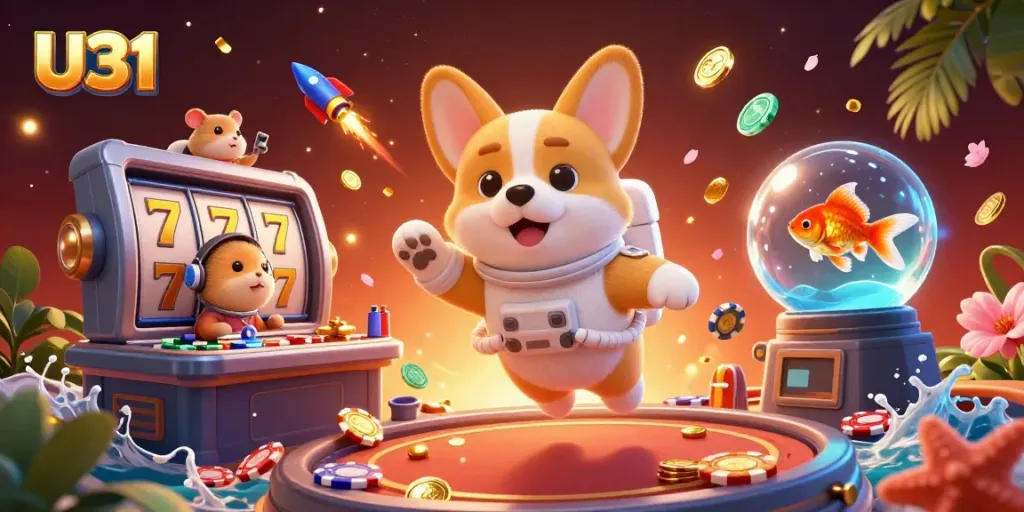 U31 offers thrilling gaming experiences as the corgi plays in a vibrant casino atmosphere.