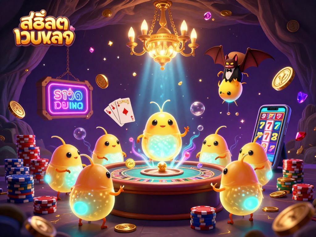 Experience the excitement of สล็อตเว็บตรง with a dynamic casino scene featuring glowworms and engaging slot elements.