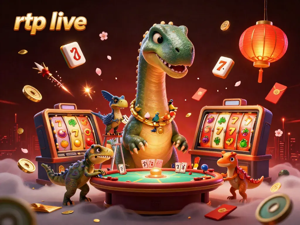 Engage with rtp live slots featuring a giant brontosaurus and a clever raptor in a vibrant casino.